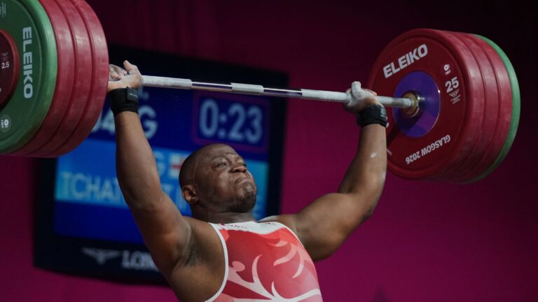 Cyrille Tchatchet II of England competes in the Men's 110kg Weightlifting Final at the Commonwealth Games in Glasgow, Scotland, on Thursday, July 30, 2026. (Eranga Jayawardena/AP)