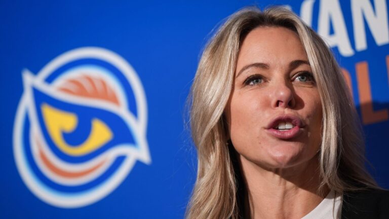 Cara Gardner Morey speaks to reporters during an event in Vancouver, B.C., on Thursday, Nov. 6, 2025. (Darryl Dyck/CP)