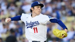 Los Angeles Dodgers starting pitcher Roki Sasaki during a game against the San Francisco Giants in Los Angeles, on Monday, May 11, 2026. (Kyusung Gong/AP)