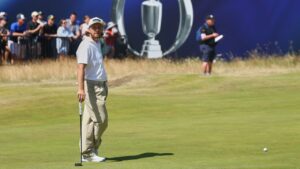 Tommy Fleetwood on the 18th green during a practice round for the Open Championship at Royal Birkdale golf club in Southport, England, on Tuesday, July 14, 2026. (Peter Morrison/AP)