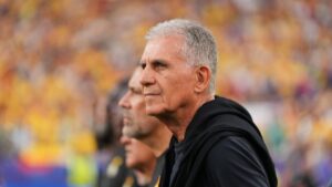 Carlos Queiroz on the sideline prior to the World Cup match between Colombia and Ghana in Kansas City, Mo., on Friday, July 3, 2026. (Jeff Roberson/AP)