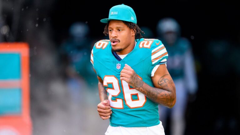 Rasul Douglas during player introductions before an NFL game on Sunday, Dec. 21, 2025, in Miami Gardens, Fla. (Doug Murray/AP)