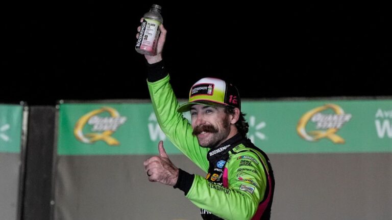 Ryan Blaney celebrates after winning a NASCAR Cup Series race on Sunday, July 12, 2026, in Hampton, Ga. (Mike Stewart/AP)