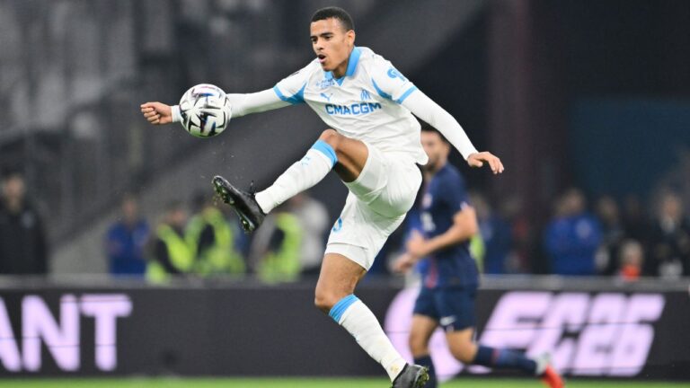 Mason Greenwood during a French League One match between Marseille and Paris Saint-Germain at Orange Velodrome in Marseille, France, Sept. 22, 2025. (Philippe Magoni/AP)