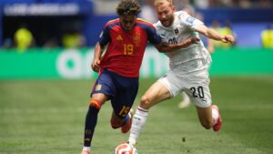 Lamine Yamal, left, and Konrad Laimer vie for the ball during a World Cup Round of 32 match in Inglewood, Calif., near Los Angeles on Thursday, July 2, 2026. (Andre Penner/AP)