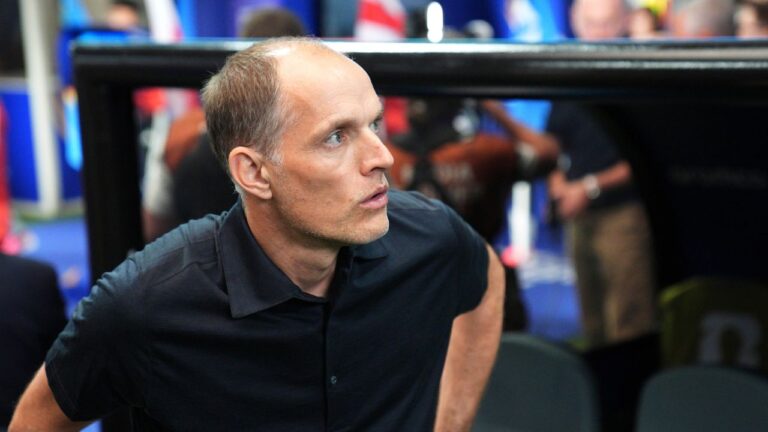 England head coach Thomas Tuchel sits on the bench before the World Cup Round of 32 match between England and Congo in Atlanta on Wednesday, July 1, 2026. (Jacob Kupferman/AP)