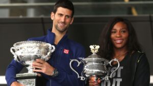 Serena Williams and Novak Djokovic pose for a photo with their trophies as they arrive for the official draw at the Australian Open in Melbourne, Australia on Friday, Jan. 15, 2016. (Mark Baker/AP)