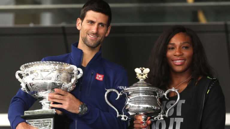 Serena Williams and Novak Djokovic pose for a photo with their trophies as they arrive for the official draw at the Australian Open in Melbourne, Australia on Friday, Jan. 15, 2016. (Mark Baker/AP)