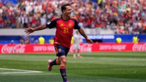 Mikel Oyarzabal celebrates scoring his side's third goal against Austria during the Round of 32 match in Inglewood, Calif., near Los Angeles on Thursday, July 2, 2026. (Mark J. Terrill/AP)
