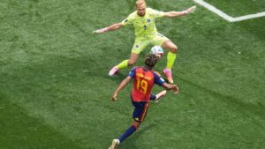 Austria goalkeeper Alexander Schlager blocks a shot by Lamine Yamal during the match between Spain and Austria in Inglewood, Calif., near Los Angeles on Thursday, July 2, 2026. (Marcio J. Sanchez/AP)