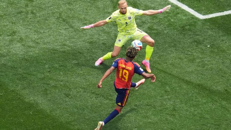 Austria goalkeeper Alexander Schlager blocks a shot by Lamine Yamal during the match between Spain and Austria in Inglewood, Calif., near Los Angeles on Thursday, July 2, 2026. (Marcio J. Sanchez/AP)