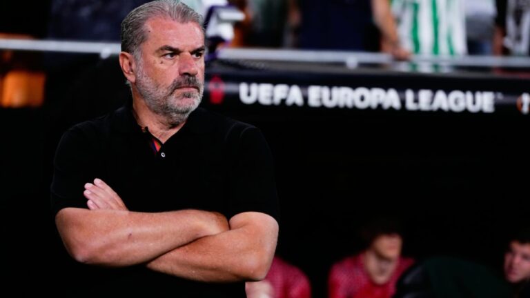 Ange Postecoglou stands before the Europa League soccer match between Real Betis and Nottingham Forest in Seville, Spain on Wednesday, Sept. 24, 2025. (Jose Breton/AP)