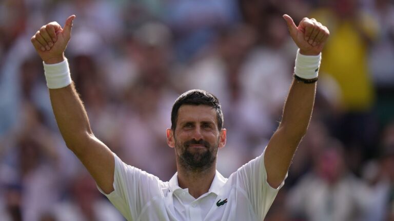 Novak Djokovic of Serbia celebrates his victory against Roman Saffiulin of Russia in their fourth round men's singles match at the Wimbledon Tennis Championships in London, Sunday, July 5, 2026. (AP Photo/Brian Inganga)