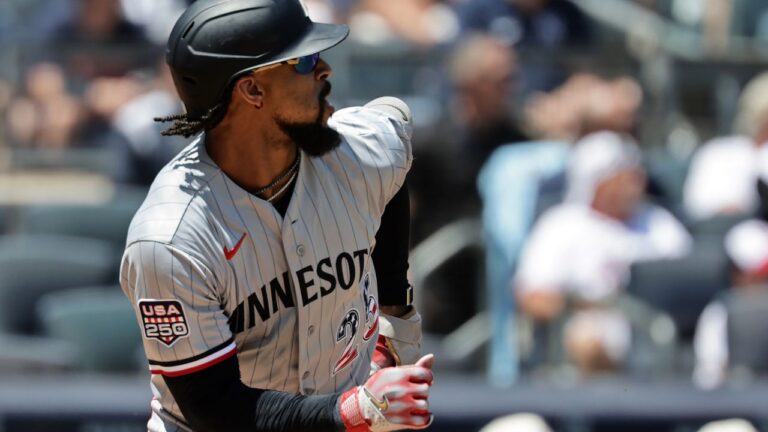 Minnesota Twins' Byron Buxton watches his run scoring double during the first inning of a baseball game against the New York Yankees, Saturday, July 4, 2026, in New York. (AP Photo/Adam Hunger)