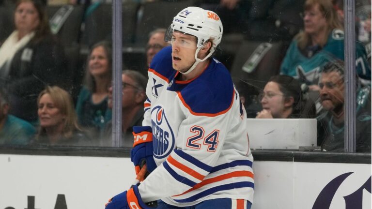 Edmonton Oilers defenceman Spencer Stastney during an NHL hockey game against the San Jose Sharks in San Jose, Calif., Saturday, Feb. 28, 2026. (Jeff Chiu/AP)