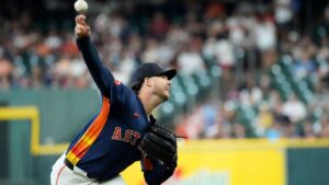 Houston Astros starting pitcher Peter Lambert throws against the Tampa Bay Rays during the first inning of a baseball game Sunday, July 5, 2026 in Houston. (David J. Phillip/AP)