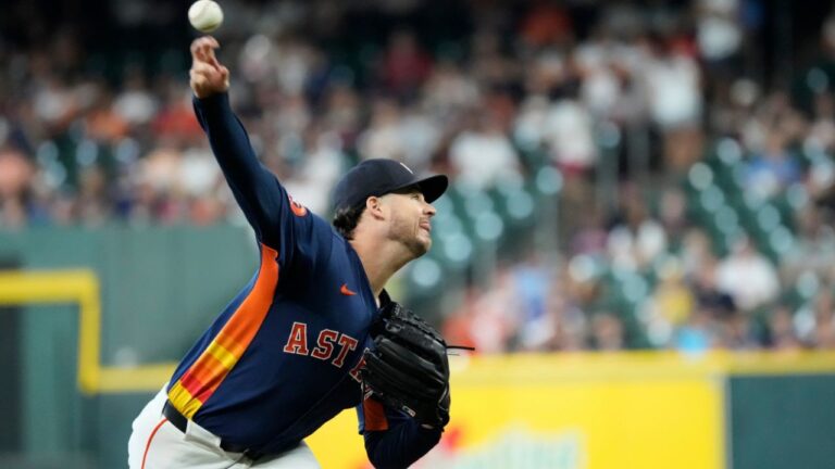 Houston Astros starting pitcher Peter Lambert throws against the Tampa Bay Rays during the first inning of a baseball game Sunday, July 5, 2026 in Houston. (David J. Phillip/AP)