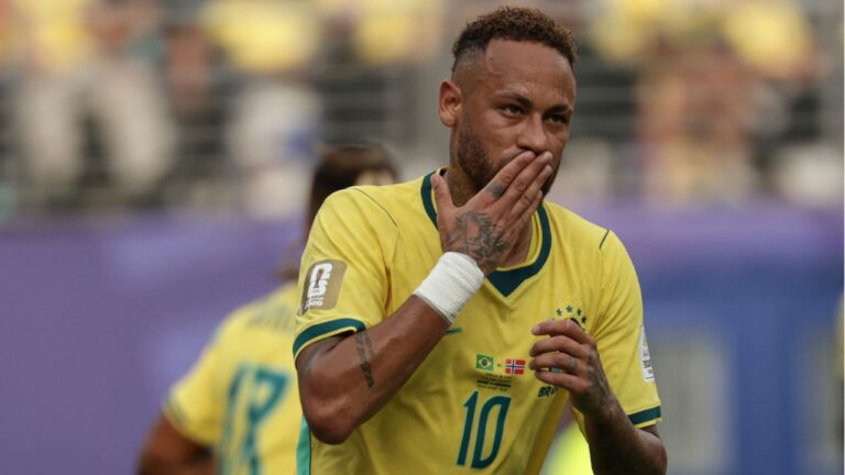 Brazil's Neymar (10) celebrates after scoring from a penalty kick during the World Cup round of 16 soccer match between Brazil and Norway in East Rutherford, N.J., near New York, Sunday, July 5, 2026. (Adam Hunger/AP)
