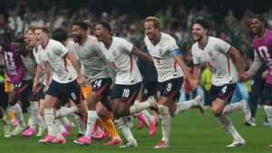 England players celebrate after the World Cup round of 16 soccer match between Mexico and England in Mexico City, Sunday, July 5, 2026. (Eduardo Verdugo/AP)