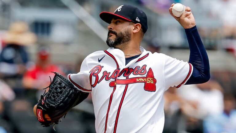 Atlanta Braves pitcher Martin Perez delivers to a New York Mets batter during the first inning of a game on Sunday, July 5, 2026, in Atlanta. (Erik S. Lesser/AP)