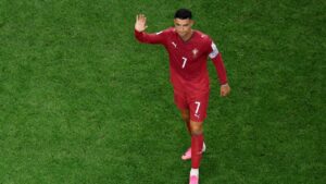 Cristiano Ronaldo reacts after Portugal lost a Round of 16 match against Spain in Arlington, Texas, near Dallas on Monday, July 6, 2026. (Sam Hodde/AP)