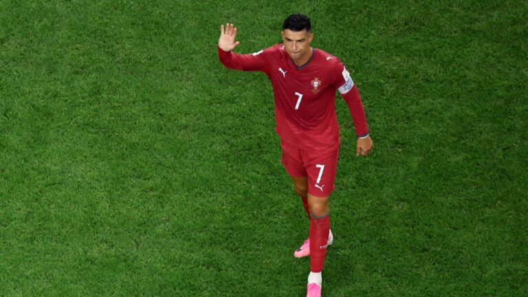 Cristiano Ronaldo reacts after Portugal lost a Round of 16 match against Spain in Arlington, Texas, near Dallas on Monday, July 6, 2026. (Sam Hodde/AP)