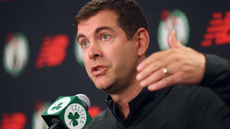President of basketball operations Brad Stevens speaks during the Boston Celtics media day on Monday, Sept. 29, 2025, in Boston. (Michael Dwyer/AP)