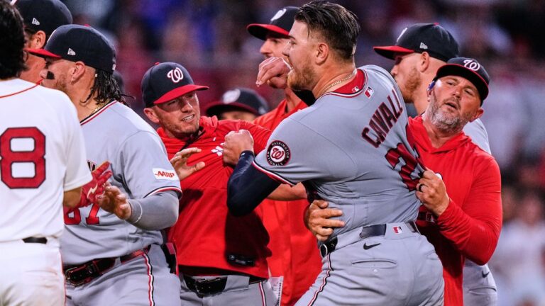 Cade Cavalli, front right, is held back as tempers flare against the Boston Red Sox on Tuesday, June 30, 2026, in Boston. (Charles Krupa/AP)
