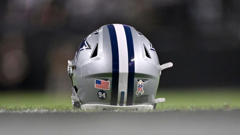Dallas Cowboys helmet with Marshawn Kneeland's No. 94 on it prior to a game against the Las Vegas Raiders on Monday, Nov. 17, 2025, in Las Vegas. (David Becker/AP)