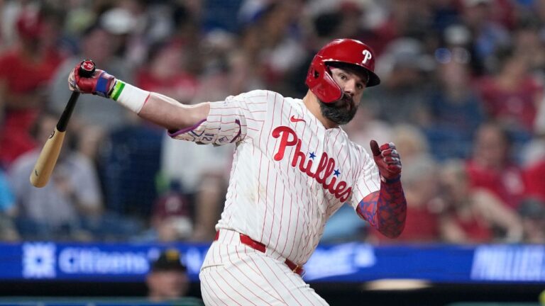 Philadelphia Phillies' Kyle Schwarber swings during a baseball game on Wednesday, July 1, 2026, in Philadelphia. (Matt Slocum/AP)