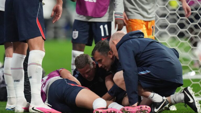 England's Jordan Henderson is looked after by training staff following an injury in the postgame celebration in the World Cup Round of 16 in Mexico City on Sunday, July 5, 2026. (Eduardo Verdugo/AP)
