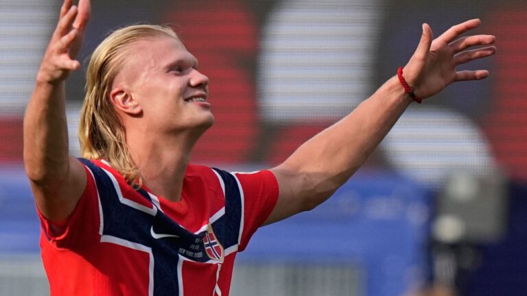 Norway's Erling Haaland celebrates scoring his side's second goal during the Round of 16 between Brazil and Norway in East Rutherford, N.J., near New York on Sunday, July 5, 2026. (Frank Franklin II/AP)