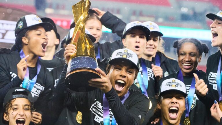 Vancouver Rise FC celebrate after winning the inaugural NSL championship against AFC Toronto in Toronto on Saturday, Nov. 15, 2025. (Sammy Kogan/CP)