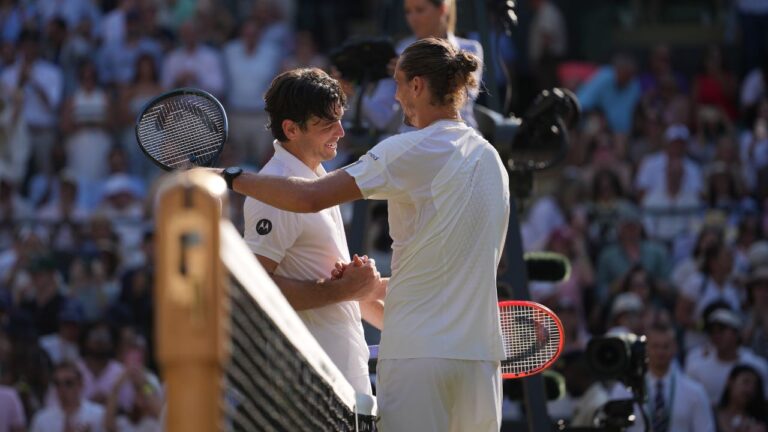 Alexander Zverev and Taylor Fritz congratulate each other at the end of their quarterfinal men's singles match at Wimbledon in London on Wednesday, July 8, 2026. (Kin Cheung/AP)