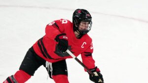 Canada's Marie-Philip Poulin plays against Switzerland during the women's hockey semifinal at the 2026 Winter Olympics in Milan, Italy on Monday, Feb. 16, 2026. (Carolyn Kaster/AP)