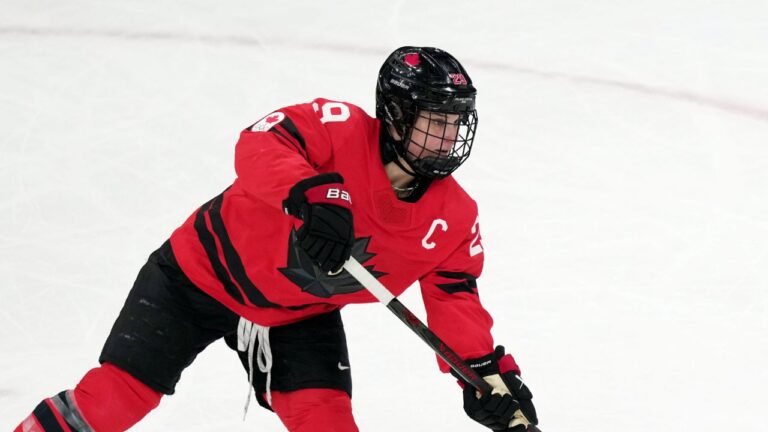 Canada's Marie-Philip Poulin plays against Switzerland during the women's hockey semifinal at the 2026 Winter Olympics in Milan, Italy on Monday, Feb. 16, 2026. (Carolyn Kaster/AP)