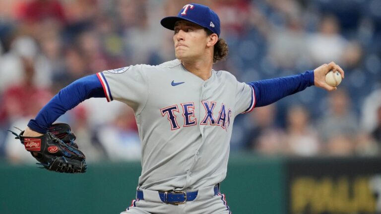 Texas Rangers' Jacob Latz pitches in the ninth inning of a game against the Cleveland Guardians in Cleveland on Tuesday, June 30, 2026. (Sue Ogrocki/AP)
