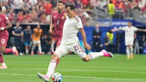 Spain's Mikel Oyarzabal shoots on goal during the World Cup Round of 16 match in Arlington, Texas, near Dallas on Monday, July 6, 2026. (Ashley Landis/AP)
