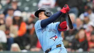 Toronto Blue Jays' Kazuma Okamoto during a baseball game against the San Francisco Giants on Tuesday, July 7, 2026, in San Francisco. (Jeff Chiu/AP)