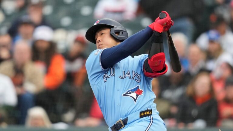 Toronto Blue Jays' Kazuma Okamoto during a baseball game against the San Francisco Giants on Tuesday, July 7, 2026, in San Francisco. (Jeff Chiu/AP)