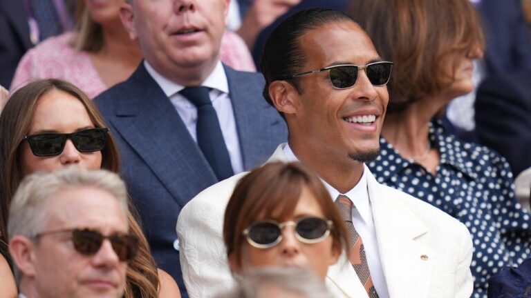 Liverpool's Virgil van Dijk watches the men's singles semifinal from the Royal Box at Centre Court at Wimbledon on Friday, July 10, 2026. (Kirsty Wigglesworth/AP)