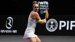Canada's Gabriela Dabrowski plays a shot during a women's doubles match in the final of the WTA finals in Riyadh, Saudi Arabia on Saturday, Nov. 9, 2024. (AP)