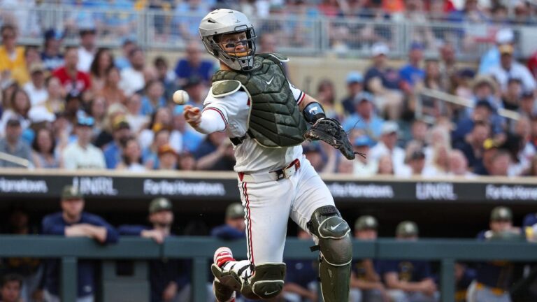 Catcher Ryan Jeffers throws to first base during the seventh inning of a game on Friday, May 15, 2026, in Minneapolis.(Matt Krohn/AP)