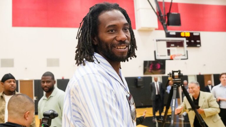 Kawhi Leonard attends a press conference where former teammate Kyle Lowry signed a one-day contract to retire as a Toronto Raptor on Tuesday, July 7, 2026. (Chris Young/CP)
