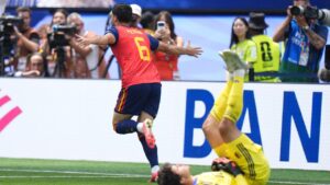 Spain's Mikel Merino celebrates after scoring during the World Cup quarterfinal between Spain and Belgium in Inglewood, Calif., near Los Angeles on Friday, July 10, 2026. (Jae C. Hong/AP)