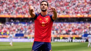 Spain's Mikel Merino celebrates scoring during the World Cup quarterfinal between Spain and Belgium in Inglewood, Calif., near Los Angeles on Friday, July 10, 2026. (Mark J. Terrill/AP)