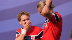 Norway's Andreas Schjelderup and Erling Haaland celebrate after Haaland scored his side's second goal during the match between Brazil and Norway in East Rutherford, N.J., near New York on Sunday, July 5, 2026. (Frank Franklin II/AP)
