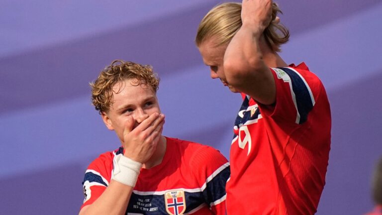 Norway's Andreas Schjelderup and Erling Haaland celebrate after Haaland scored his side's second goal during the match between Brazil and Norway in East Rutherford, N.J., near New York on Sunday, July 5, 2026. (Frank Franklin II/AP)