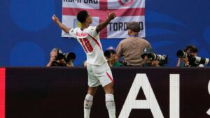 England's Jude Bellingham celebrates scoring his side's second goal during the World Cup quarterfinal soccer match between Norway and England in Miami Gardens, Fla., Saturday, July 11, 2026. (Chris Carlson/AP)