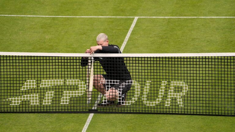 Rain break on Court 1, the net has to be prepared Tennis Tournament Terra Wortmann Cup Qualifying Round at Gerry Weber Sportpark in Halle Westfalen (Gerry Weber/AP)